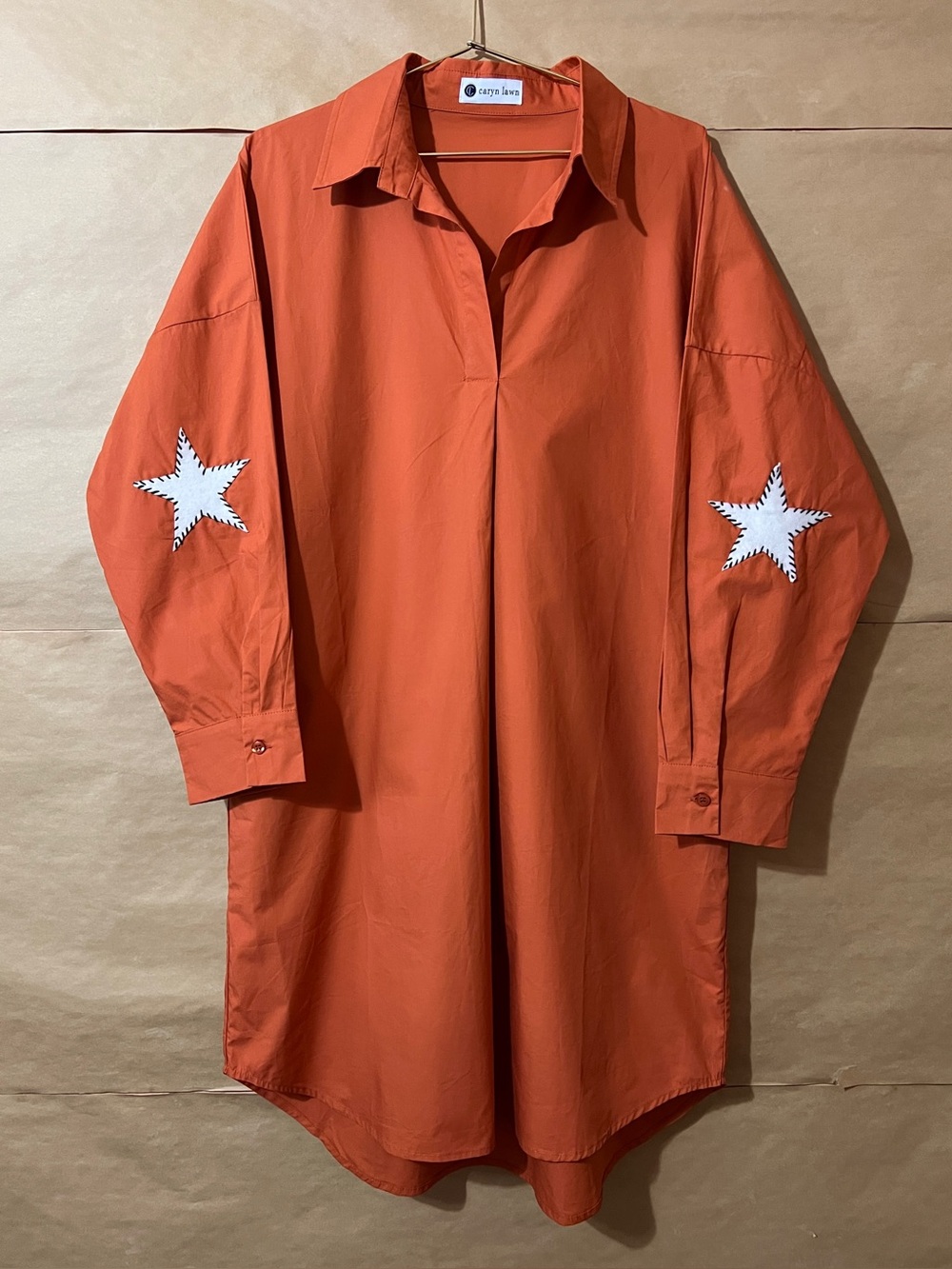 Caryn Lawn | Preppy Star Elbow Dress Popover Split Neck Orange Cotton One Size